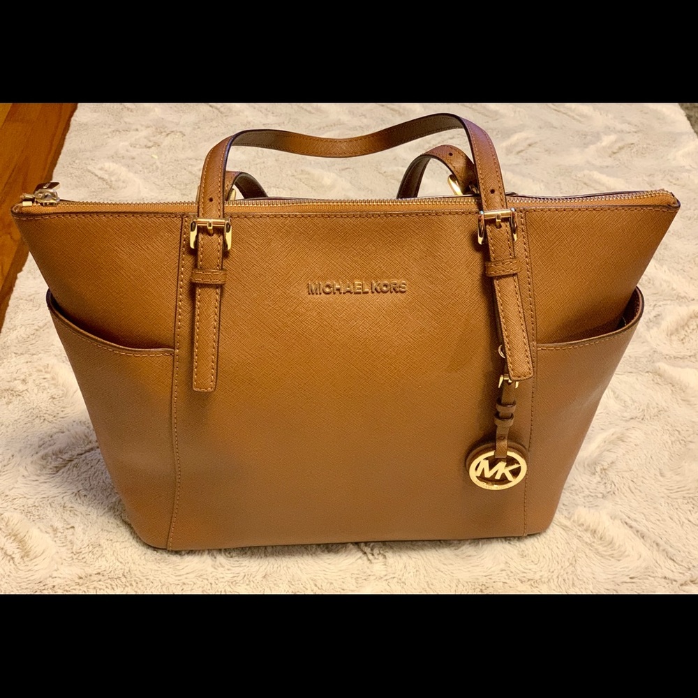 Mint! - Beautiful Jet Set Top Zip Tote 15Wx10Hx4.25D Color: Luggage/Gold